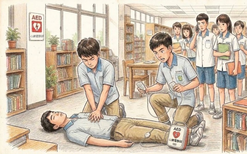 【高中生圖書館溫書突倒地無呼吸！陌生同學「接力AED、CPR」成功救活他】